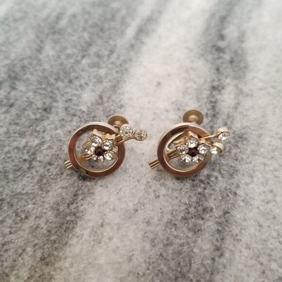 Vintage Karu Rhinestone Flower Clip On Earrings, Screw Backs, Retro Estate - Picture 2 of 6